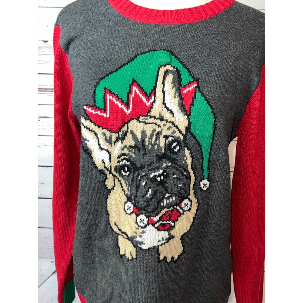 Ugly Christmas Sweater Medium Pullover Dog French Bull‎ Terrier Knit Light Up